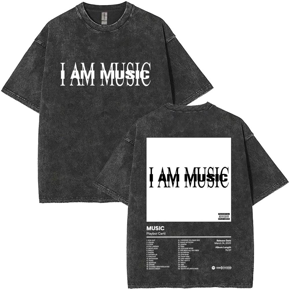Retro Washed Playboi Carti I AM MUSIC Logo T Shirt Opium Ken Carson Narcissist Rap Tshirts Men Hip Hop Vintage Oversized Tshirt