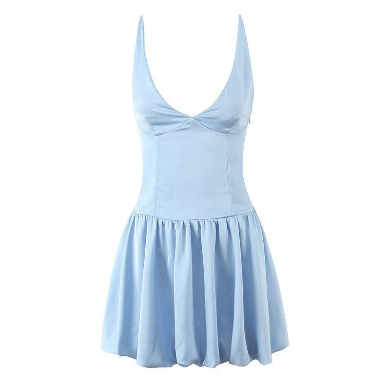 

Wentie Gold American Sweetheart Gyaru Deep V Low Cut Back Strap Slimming Sleeveless Sling Dress Flower Bud Skirt Sky Blue L