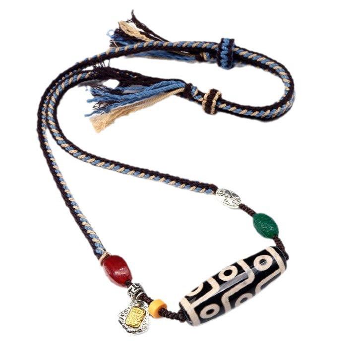 Handmade Tibetan Braided Rope Necklace with Dzi Bead, Adjustable Clavicle Chain Pendant