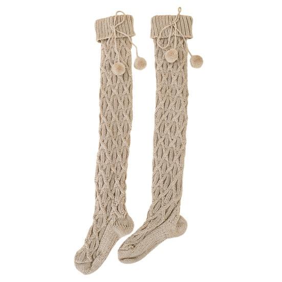 1 Pair Women Long Socks Solid Color Rhombus Texture Autumn Winter Knitting Stockings with Wool Balls Daily Wear