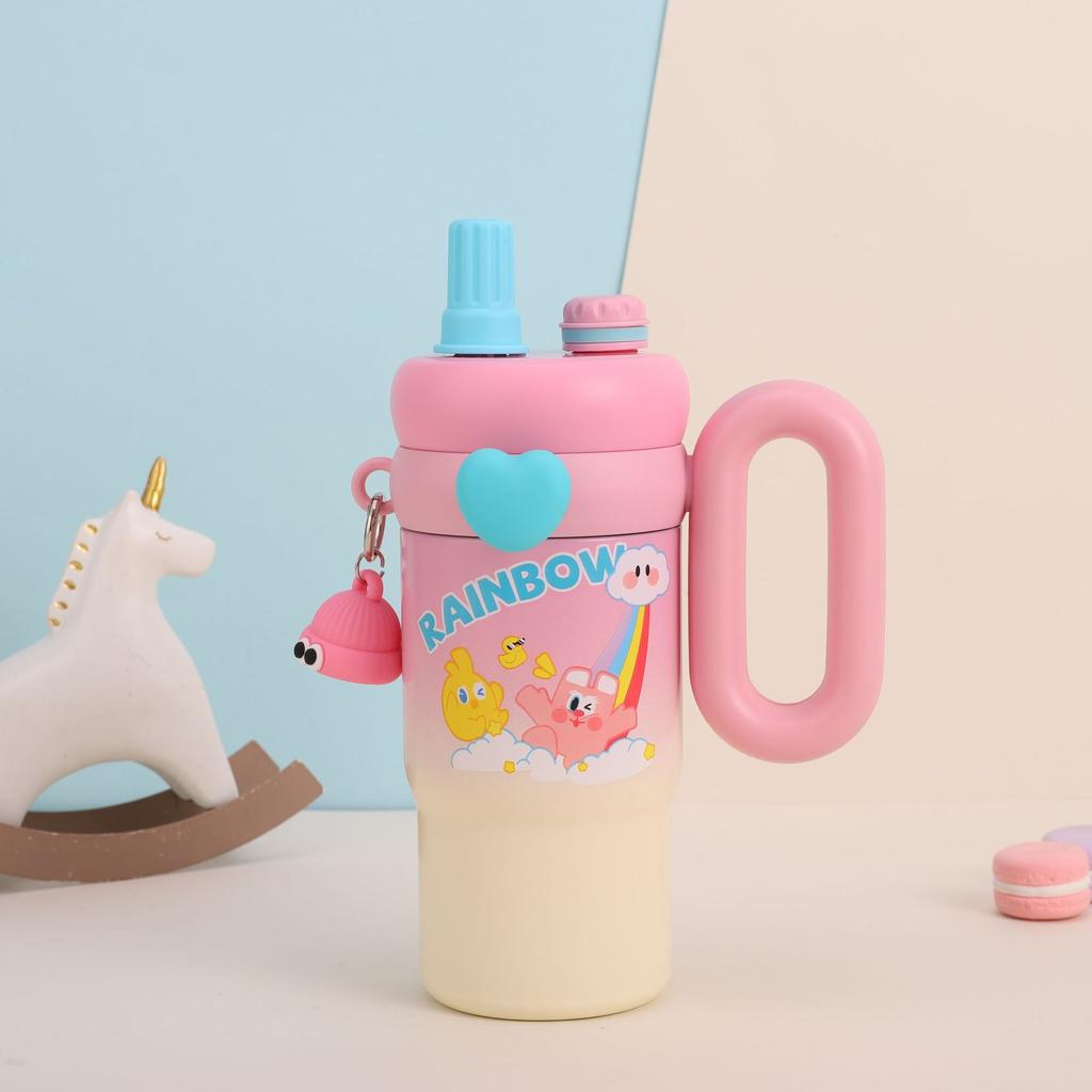 High value cartoon cute fun straw cup double layer 316 stainless steel thermal insulation water cup household handle coffee cup