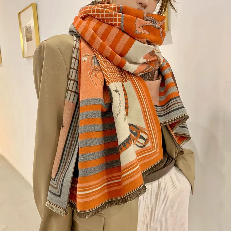 New Luxury Winter Cashmere Scarf Women Design Warm Pashmina Blanket Horse Scarves Female Shawl Wraps Thick Foulard Bufanda