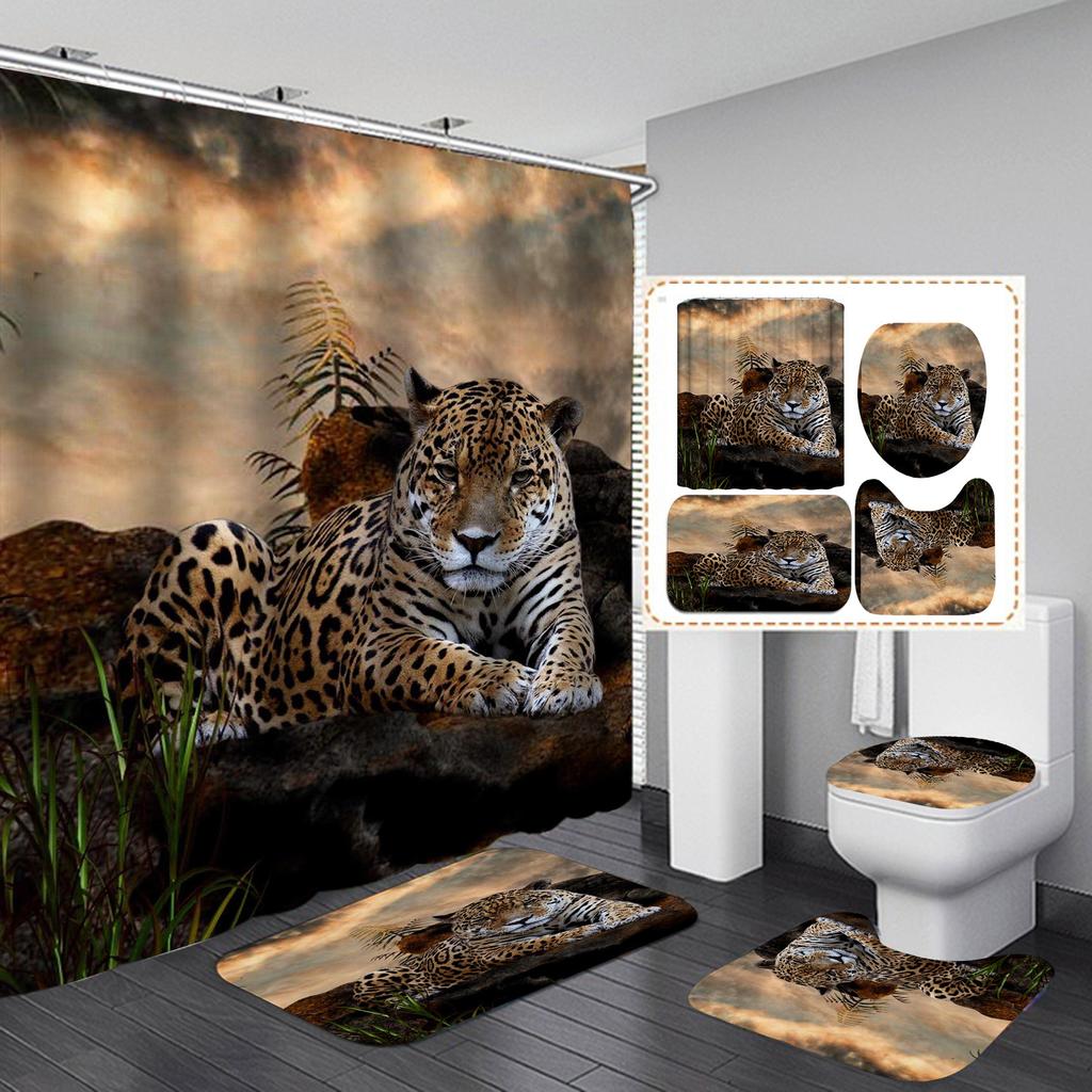 4Pcs Leopard Series Shower Curtain Sets for Bathroom Non-Slip Bathroom Rugs Lid Toilet Cover Bath Mat