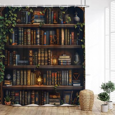 Cortina de Chuveiro Estante Vintage Livros Retro Folhas de Plantas Verdes Tecido Moderno Decoração de Parede de Casa Cortina de Banheiro com Ganchos