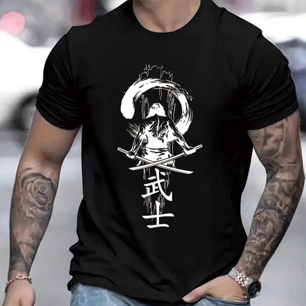 Samurai Warrior Print Mens Cotton Graphic Tee Breathable Casual Short Sleeve TShirt