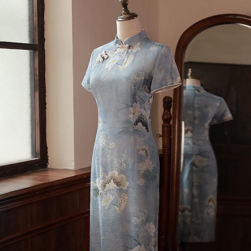 Elegant Blue Retro-Style Cheongsam for Girls - 2024 New Small Size