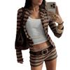 Women Slim Fit Round Neck Striped Knit Cardigan Long Sleeve Shorts Two Piece Set