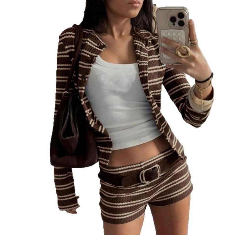 Women Slim Fit Round Neck Striped Knit Cardigan Long Sleeve Shorts Two Piece Set