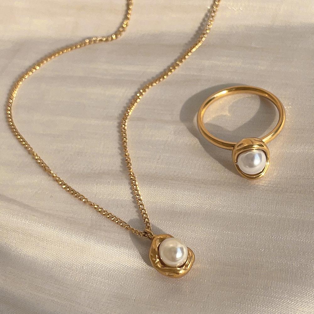Light Luxury Pearl Shell Necklace Ring Set Stainless Steel Necklace Women'S High Color Retention