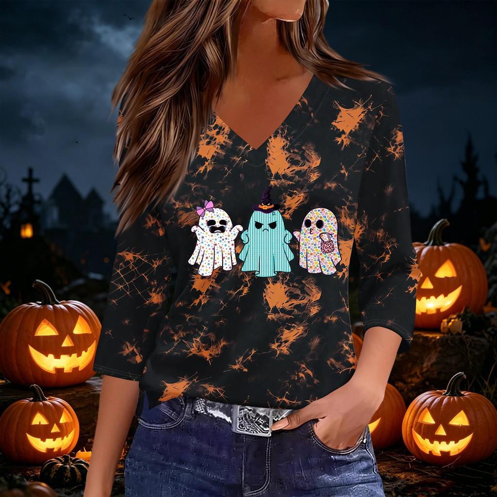 Women's Casual V-Neck Three-Quarter Sleeve Top with Halloween Print