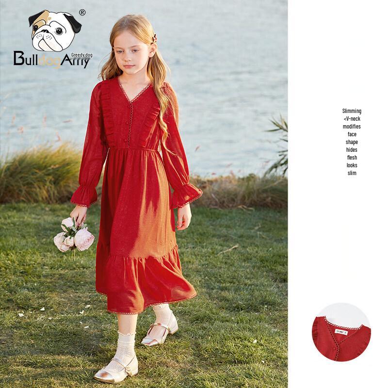 CHANZUIGOU Girls' Red Festive Long-Sleeve A-Line Dress