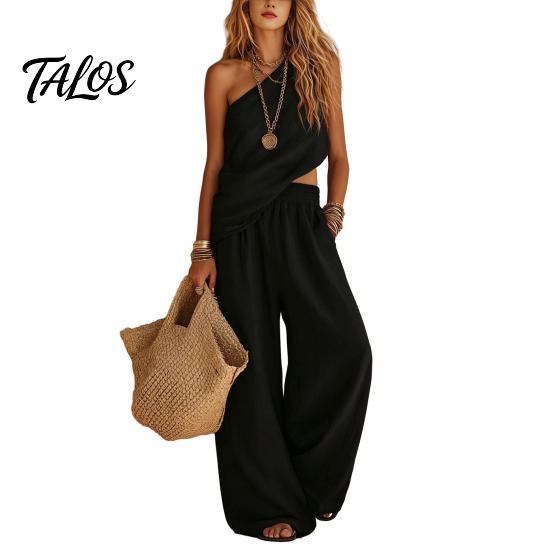 Talos Baumwoll-Leinen 2-teilige Sets für Damen, Ein-Schulter-Ärmelloses Oberteil mit Weitbeiniger Hose Passendes Set, Sommerurlaub Lounge Outfits