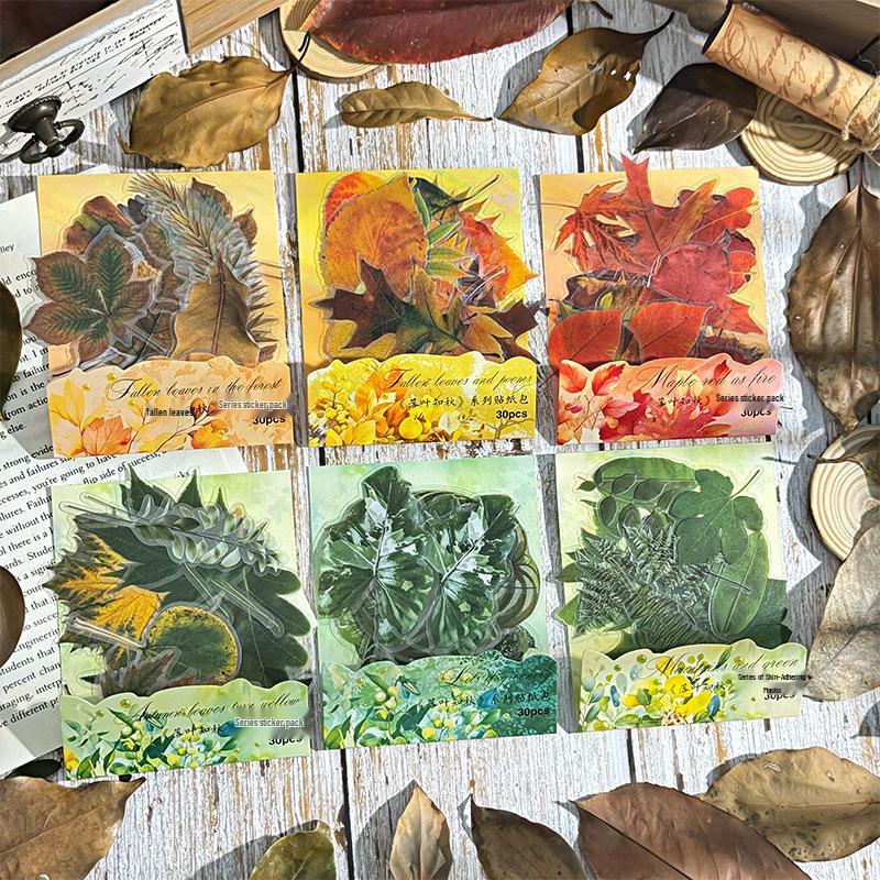 ZABC Autumn Leaves Retro Collage Stickers: DIY Journaling Material - 6 Styles