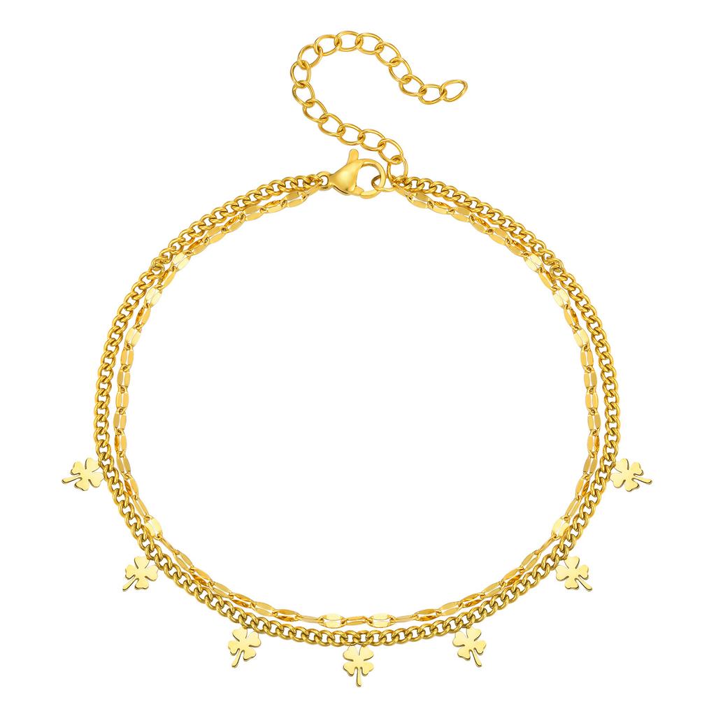 Summer Beach Ladies Lip Chain Anklet Titanium Steel Fashion Four Leaf Clover Double Layer Anklet
