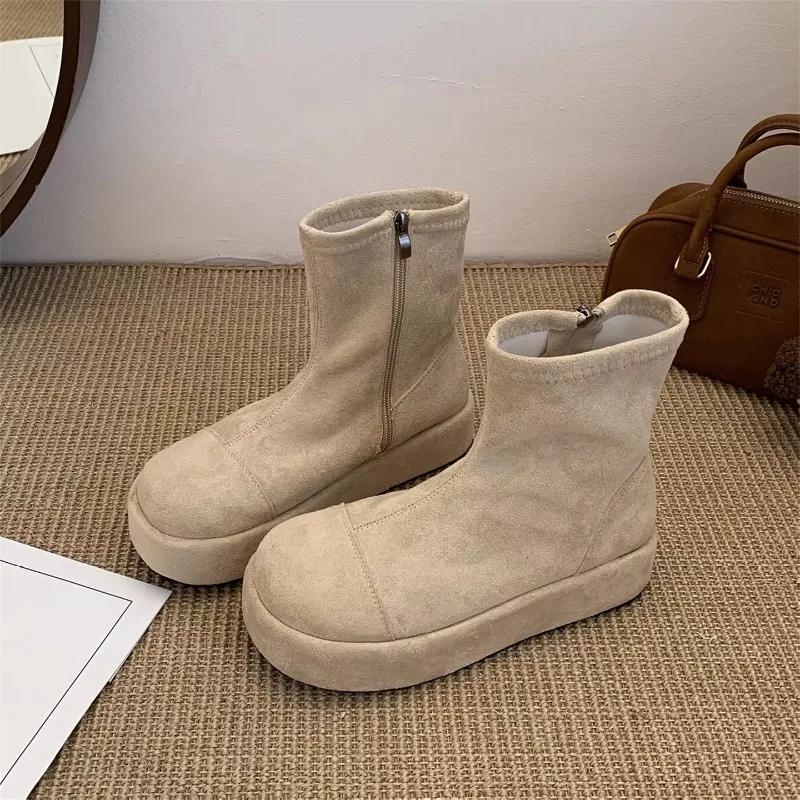 Winter Klobige Elastische Schlanke Damen Stiefeletten Mode Plateau Flats Schuhe Weiblich Gemütlich Weiches Leder Modern Kurze Stiefeletten