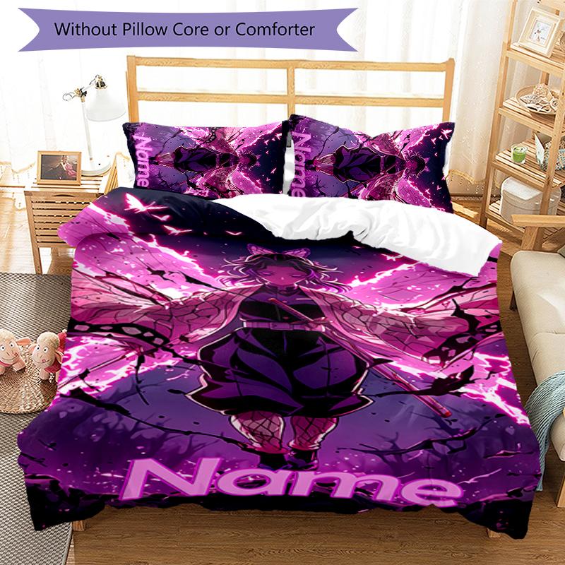 3pcs Custom Name Demon Slayer Shinobu Kocho Bedding Set Duvet Cover Closure Includes 1 Duvet Cover & 2 Pillowcases for All Seasons Bedroom Decor