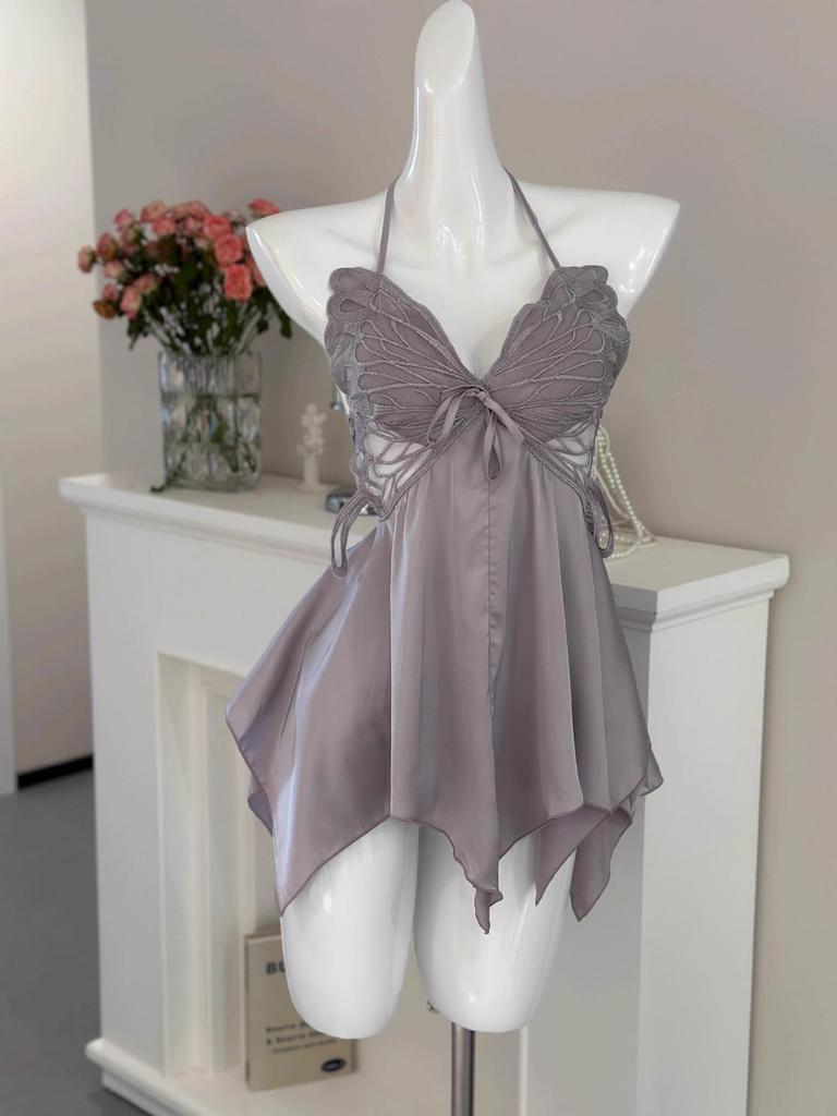 Women's Sexy Backless Camisole Pajama Set - Ice Silk Two-Piece with Chest Pad for Autumn/Winter