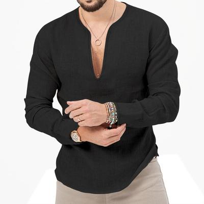 Men Linen Blend Deep V Neck Long Sleeve Casual Loose Fit Solid Color Henley Shirt
