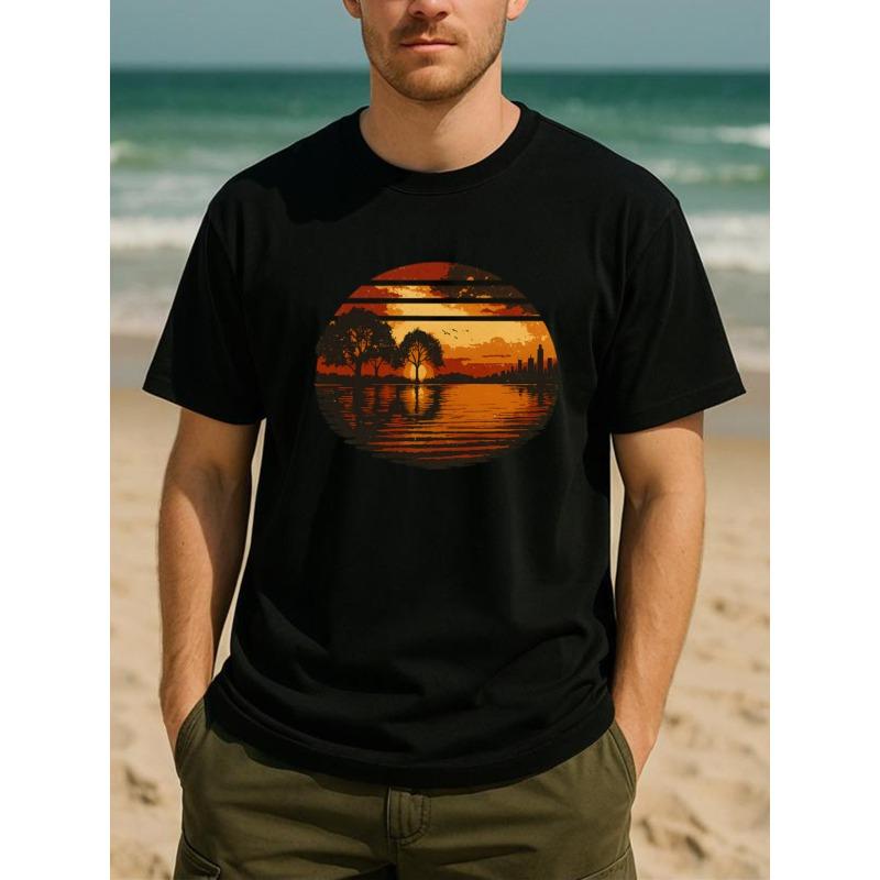European Sizes City Silhouette Frame Sunset Men's Printed Short-sleeved Shirt, New Trendy Men's Wear, Medium Elasticity Fashionable Style