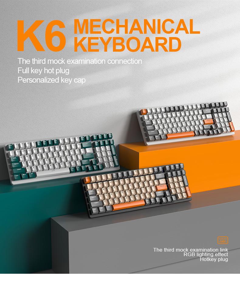 Bluetooth Three-Mode Hot-Swappable Mechanical Gaming Keyboard Wolf K6 980 - Customizable for Laptops and Esports.