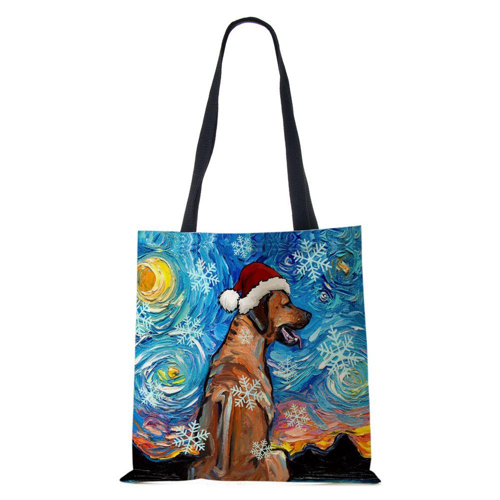 Christmas Dog Canvas Shopper Tote Bag Utskrift Harajuku Kvinner Gjenbrukbar skulderveske 2022 Casual Stor kapasitet sammenleggbar håndveske