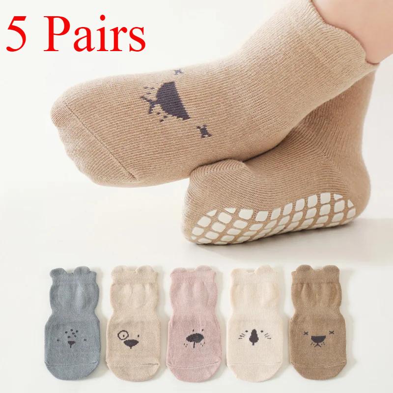 3/5 Pairs Baby Adorable Animals Pattern Non Slip Floor Socks, Breathable Casual Socks for Boys and Girls Kids Indoor Activities
