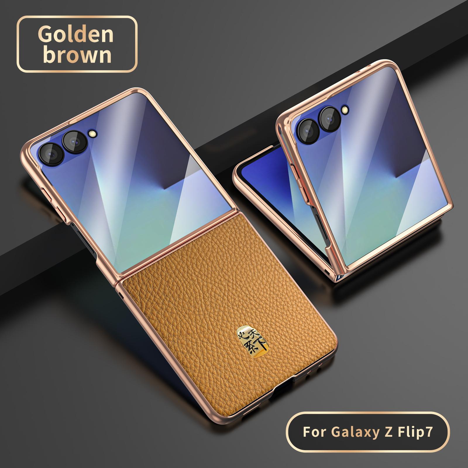 

Phone Case for Samsung Galaxy Z Flip 7 6 5 W24 W25 Flip Screen Protect Film Genuine Cowhide Leather Magnetic Charging Back Shell Zflip7 коричневый