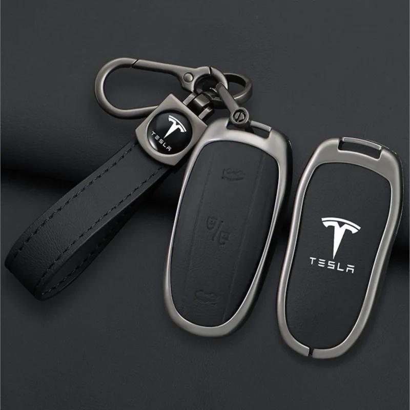 Samolepka na auto 2025 Nová Tesla Slitina zinku Kůže Klíčenka do auta Chytrý dálkový ovladač Pouzdro Kryt Taška Držák Pro Tesla Model X Model M Pro