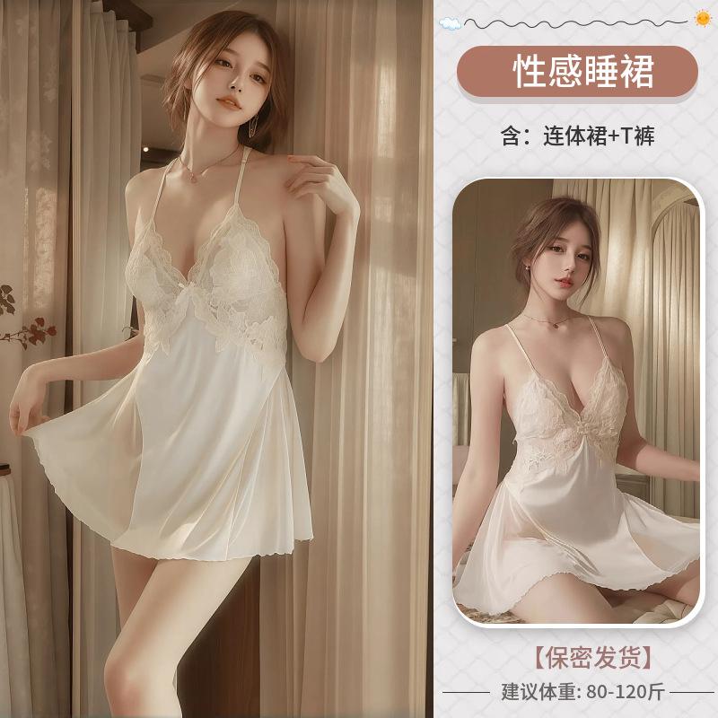 Erotic lingerie spring and summer deep V sexy mesh see-through seduction lace thin slit emotional nightdress women's home