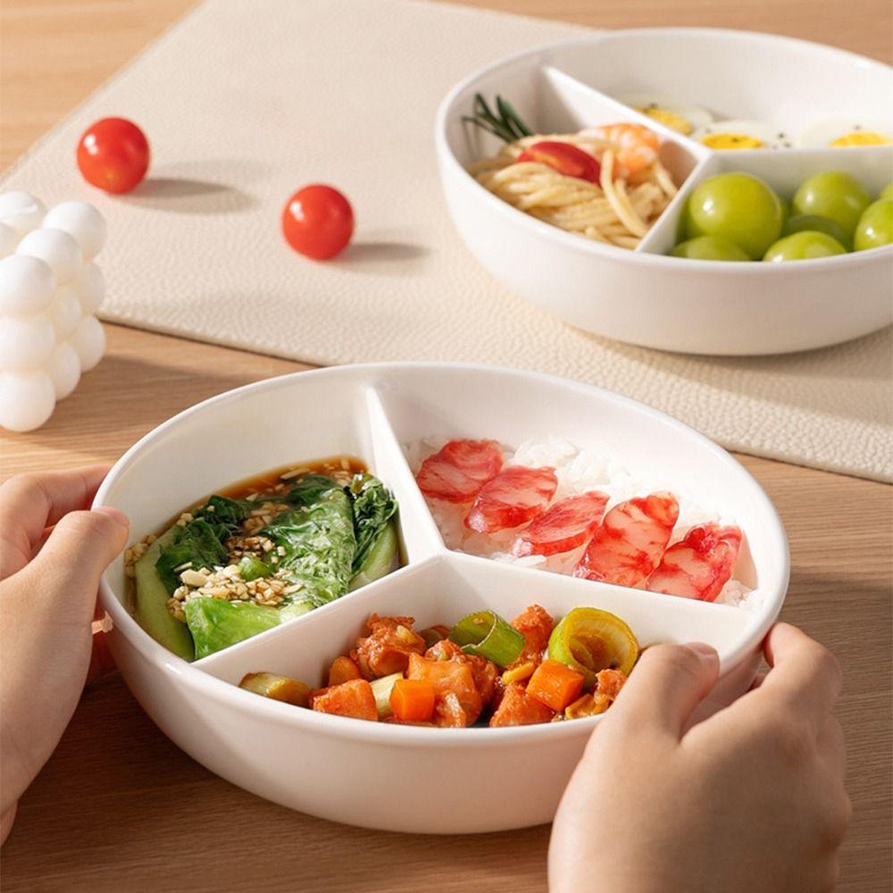 3 Compartments Grid-shaped Dinner Plate Round Ceramic Divided Food Tray Microwave Safe Durable Snack Serving Platter