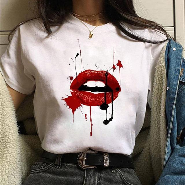 

New Fashion Women Tshirt Watercolor Lips Printed Tops Tee Casual Short Sleeve Female Tee Shirts Harajuku Graphic T-Shirts Femme S білий