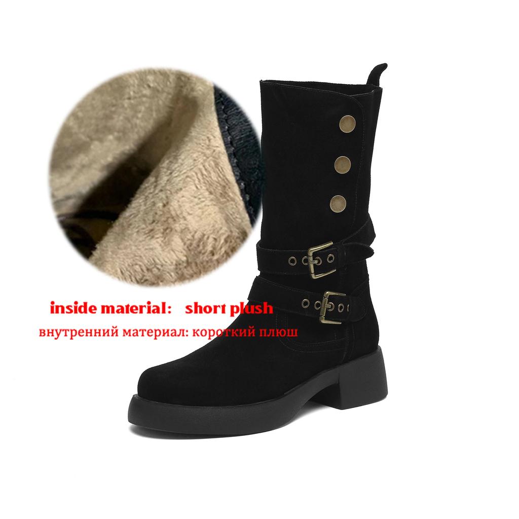 Krazing Pot Cow Suede Round Toe Thick Heels Motorcycle Boots Size 42 Back Zip Women Keep Warm Metal Button Mid-calf Boots