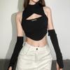 European and American style summer new women's clothing solid color sexy turtleneck sleeveless hollowed-out navel vest