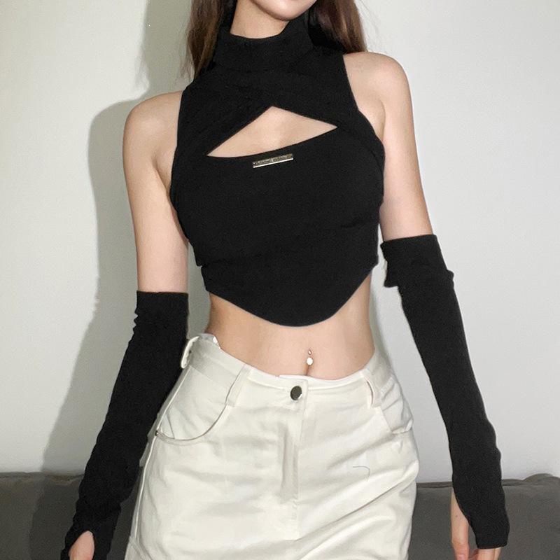 European and American style summer new women's clothing solid color sexy turtleneck sleeveless hollowed-out navel vest