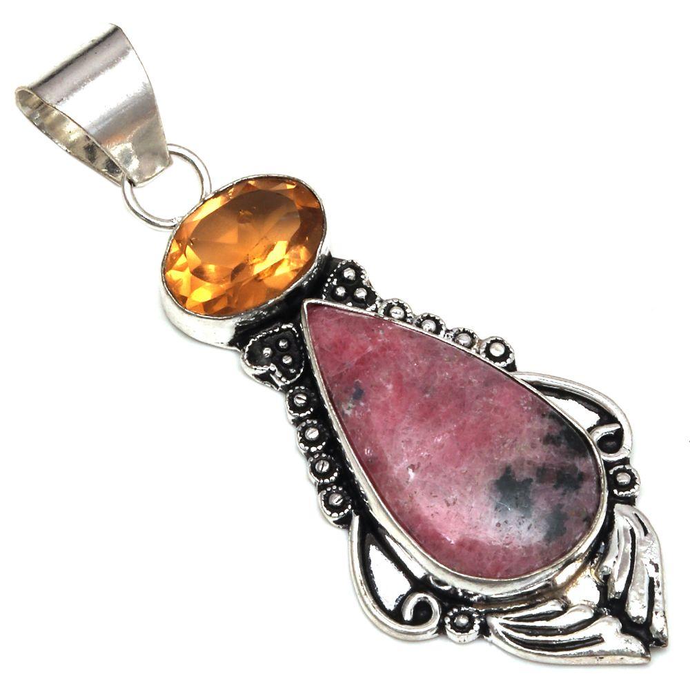 

Pendant Rhodonite CitrineGemstone Gift For Her Silver Jewelry 2.75 2.75 розовый