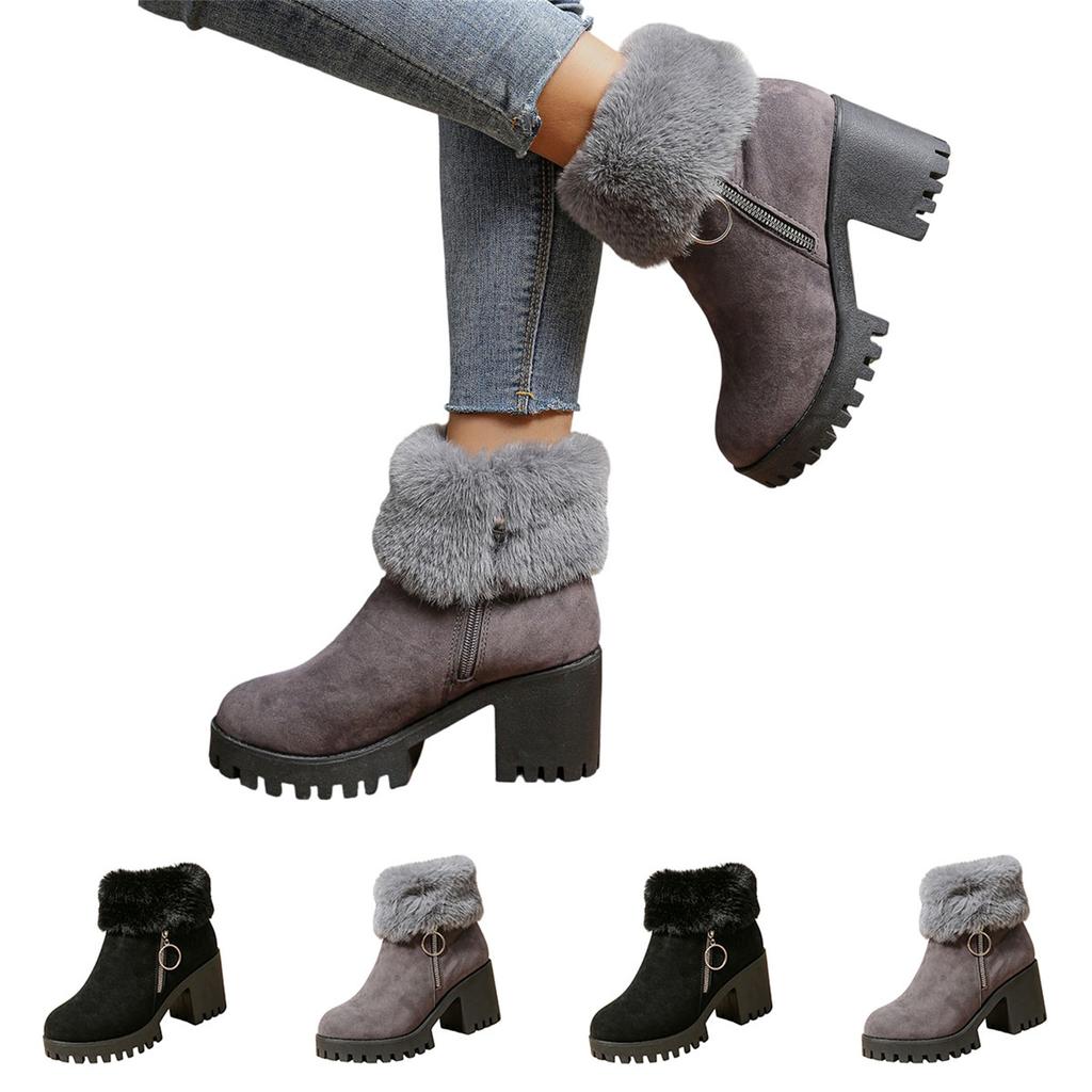 Women's Plus Size Fashion -Lined Warm Side Zip Round Toe Heel Casual Boots