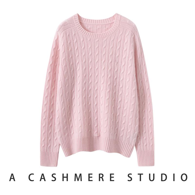Women's Pure Cashmere Cable Knit Sweater: Thickened, Round Neck, Loose Fit, Slimming Knitwear for Autumn and Winter.