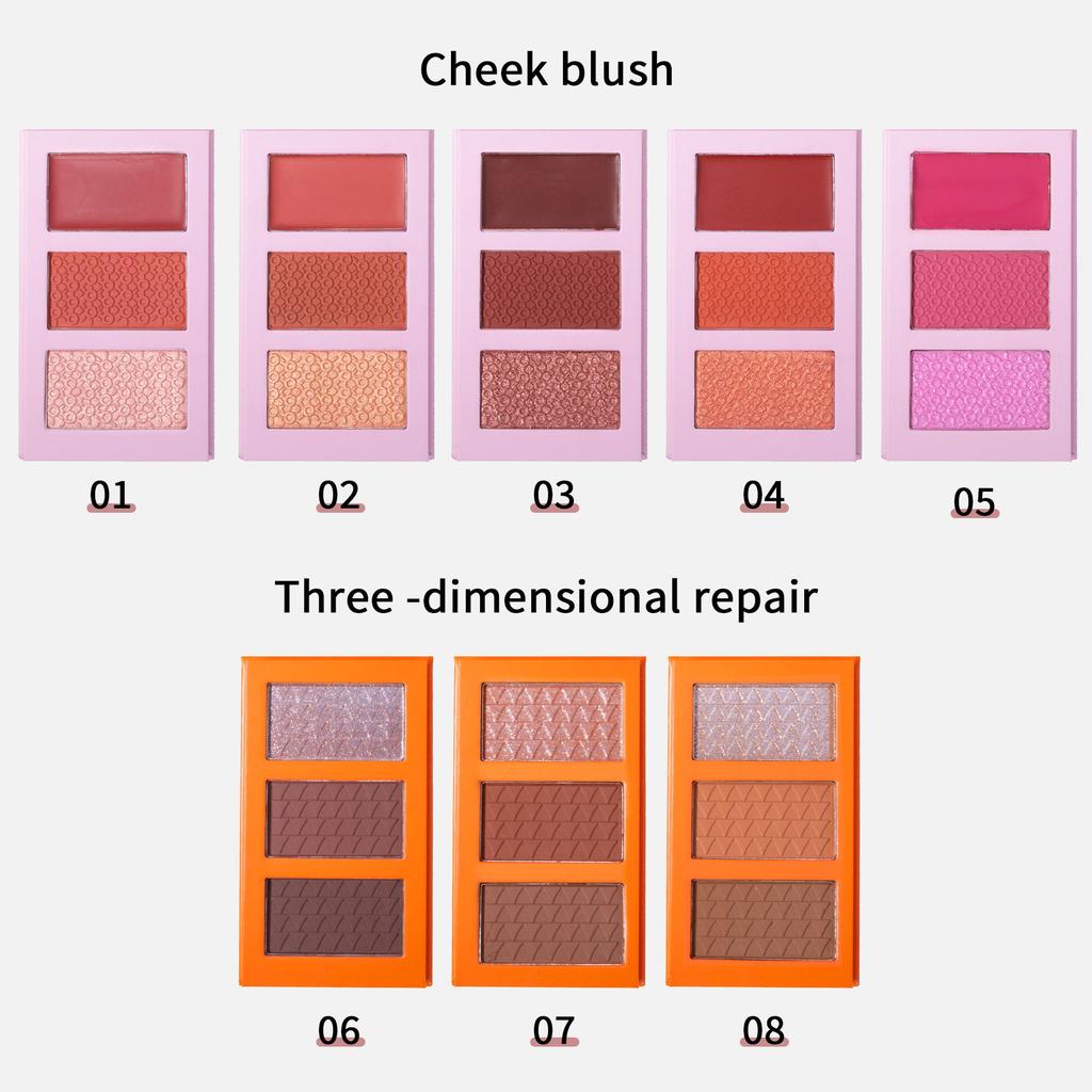 Tre färger Highlighter Rouge Palett Matt Pärlemorskimrande 3D Kontur Palett Framhävande Nässkugga Naturlig Naken Sminkpuder Kaka