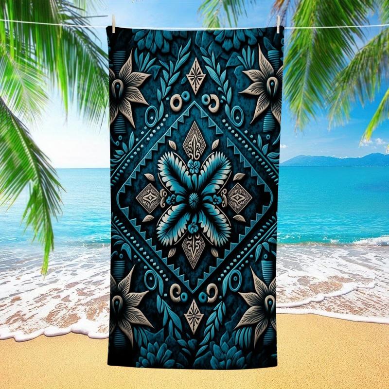Vintage Tribal Blue Floral Embossed Pattern Beach Towel Quick Dry Sandproof Large Pool Towel for Beach Camping Summer Vacation