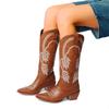 FOREADA Women Knee High Cowboy Long Boots Pointed Toe Chunky High Heels Embroidery Wester Gogo Boots Ladies Fashion Shoes Winter Red