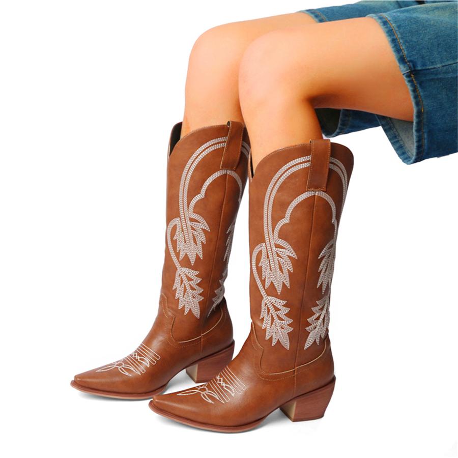 FOREADA Women Knee High Cowboy Long Boots Pointed Toe Chunky High Heels Embroidery Wester Gogo Boots Ladies Fashion Shoes Winter Red