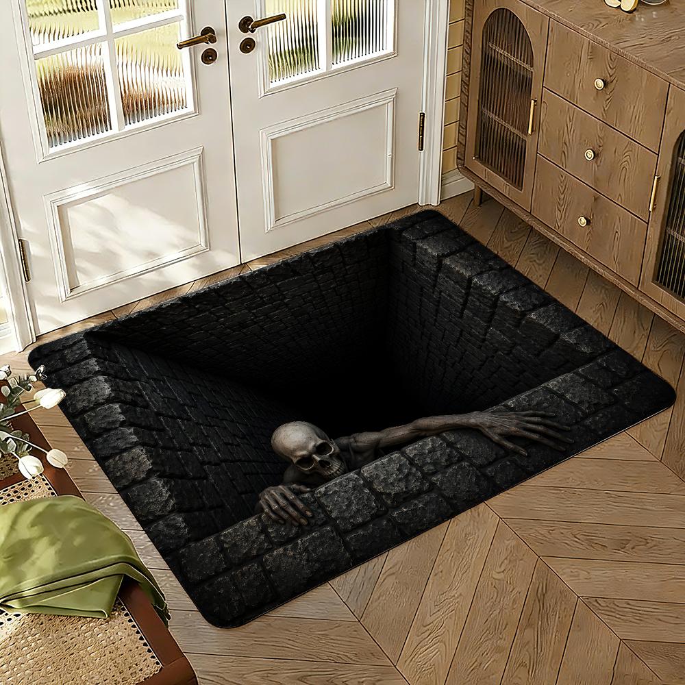 3D Optical Illusion Skull Pit Doormat Thickened Absorbent Non-Slip Floor Mat Bedroom Living Room Door Mat Flannel Rug