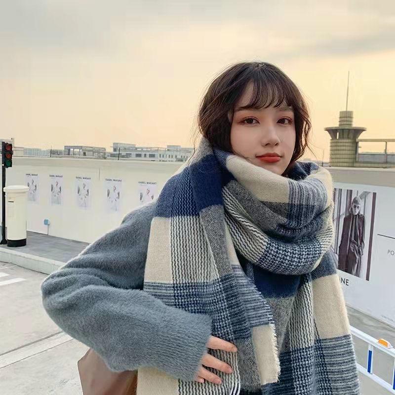 Blue Grid Imitation Cashmere Scarf for Female Korean Female Winter Ladies Winter Students Japanese