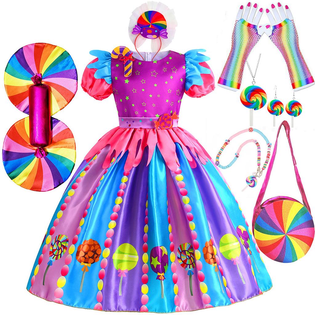 Purim Festival Suspender Rainbow Dress For Girl Candy Lollipop Costume Party Gift Candy Dress + Lollipop Accessories Suit