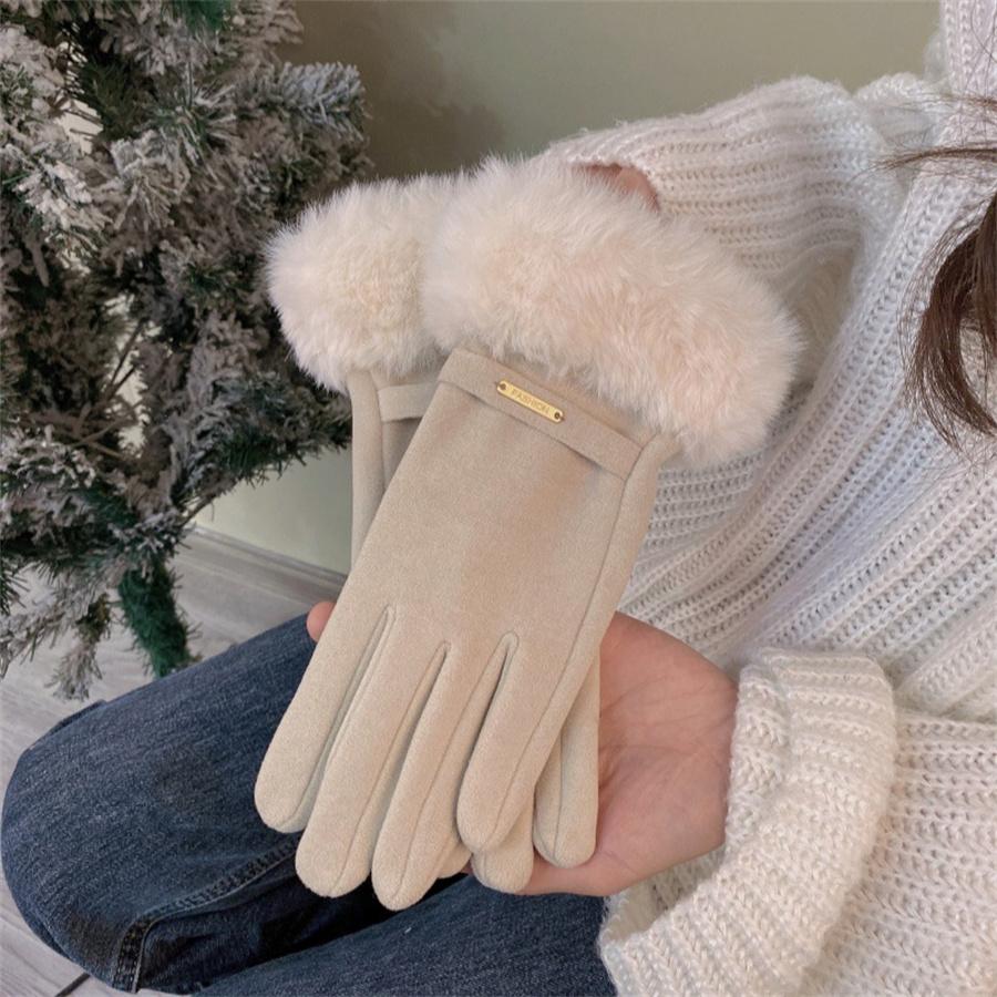Women s Winter Warm Gloves with Faux Fur Cuff, Touchscreen L бежевый