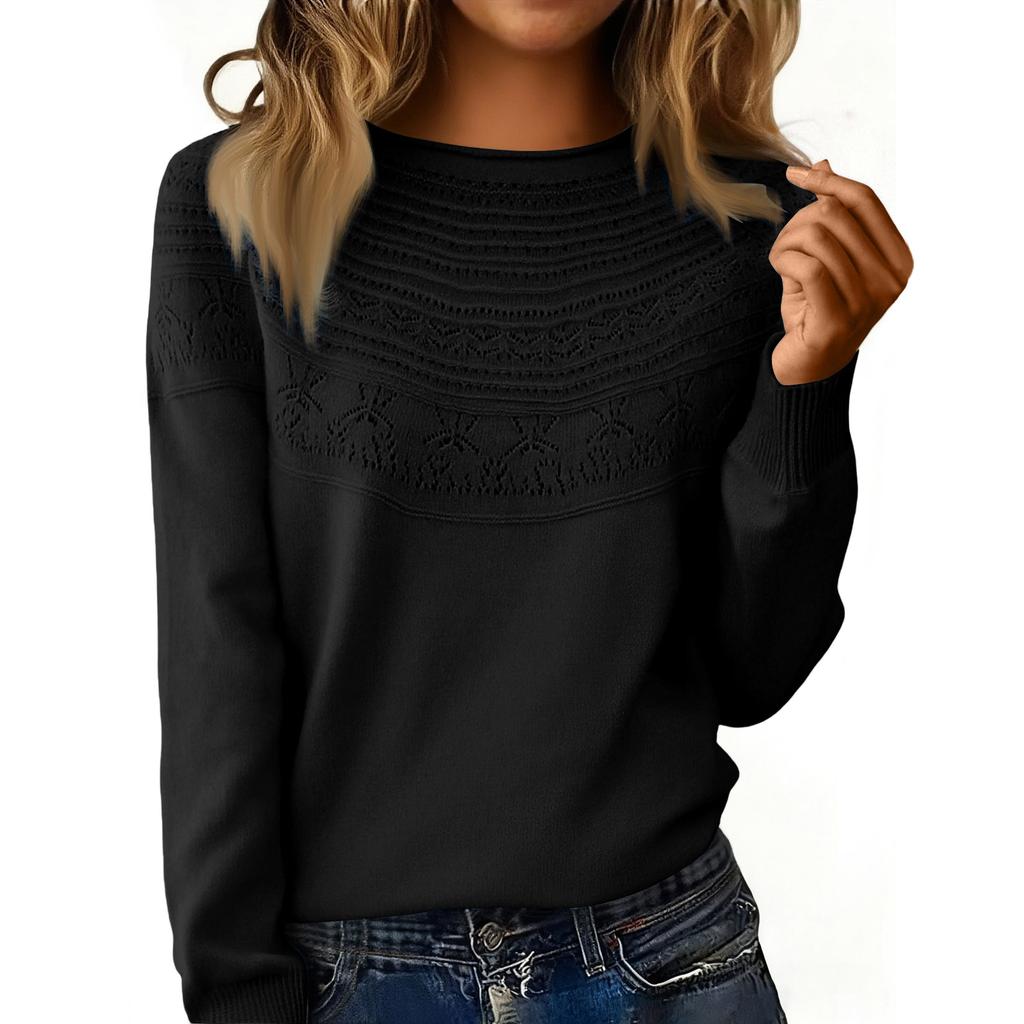 Women's Fashion Rolled-Collar Round Neck Lace-Up Pullover Knit Sweater Long Sleeve Solid Color Sweater