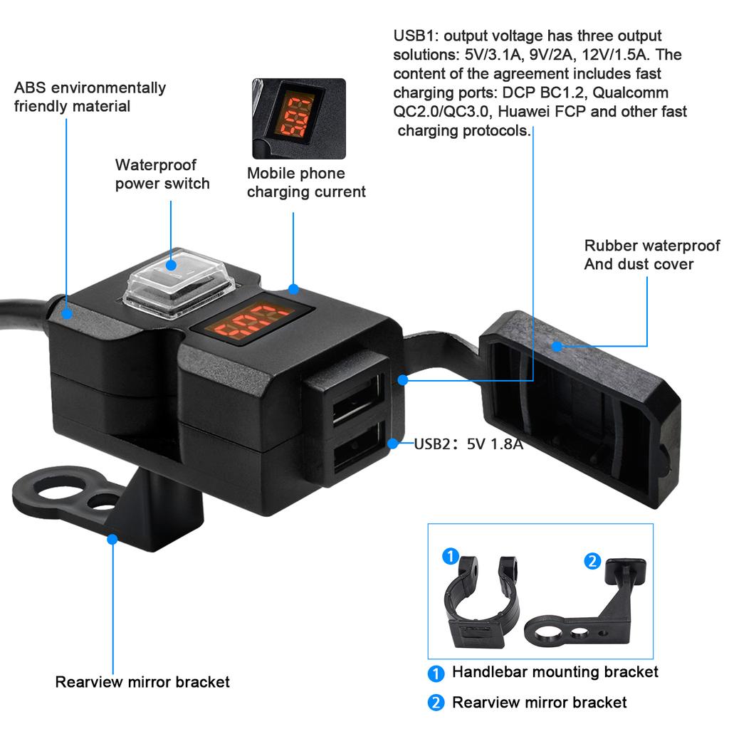 Motorcycle Electric Car USB Mobile Phone Charging Waterproof Switch Integrated Handle Bar Rearview Mirror, 9-32V