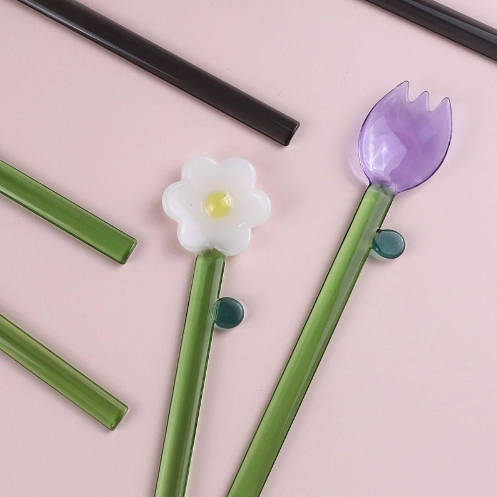 Flower Shaped Glass Spoon Long Handle Mixing Sticks Creative Coffee Stirring Spoon Stick Home
