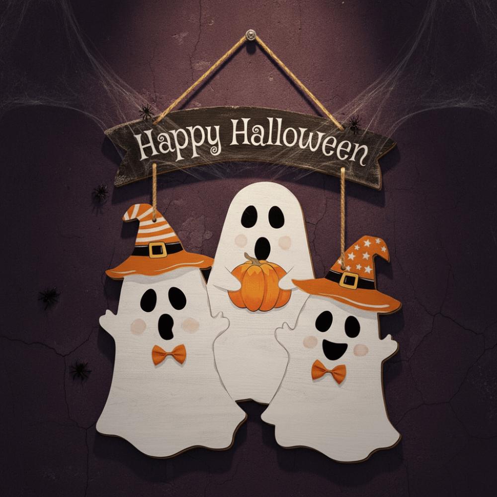 Cartoon Halloween Ghost Door Sign Wooden Door Hanging Haunted House Hanging Door Plate Farmhouse