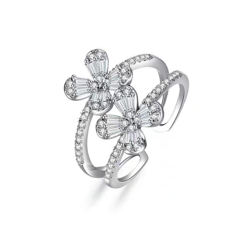 Korean Fashion Adjustable Zircon Four-Leaf Clover Ring for Women Open Adjustable